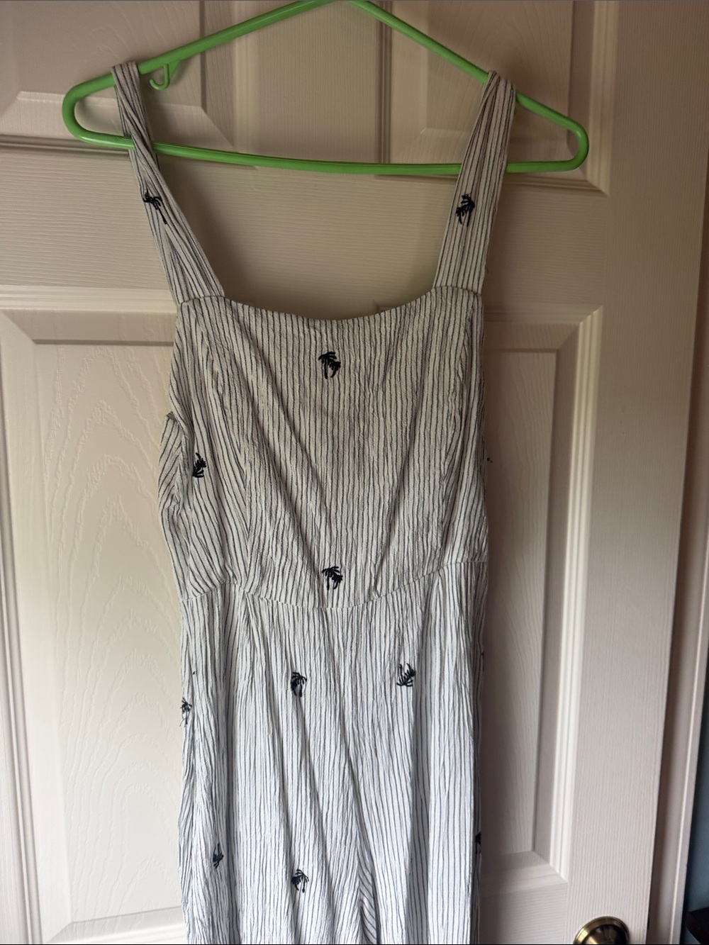 Striped White cotton crinkle romper with Palm Embroidery